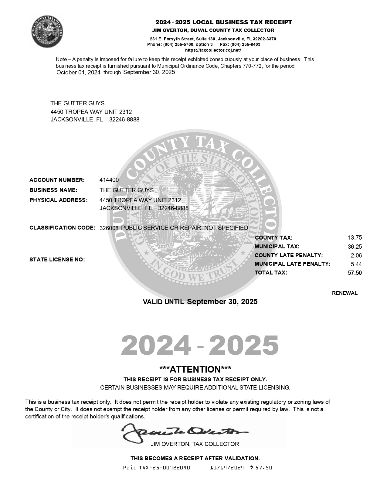 The Gutter Guys 2023-2024 Local Business Tax Receipt