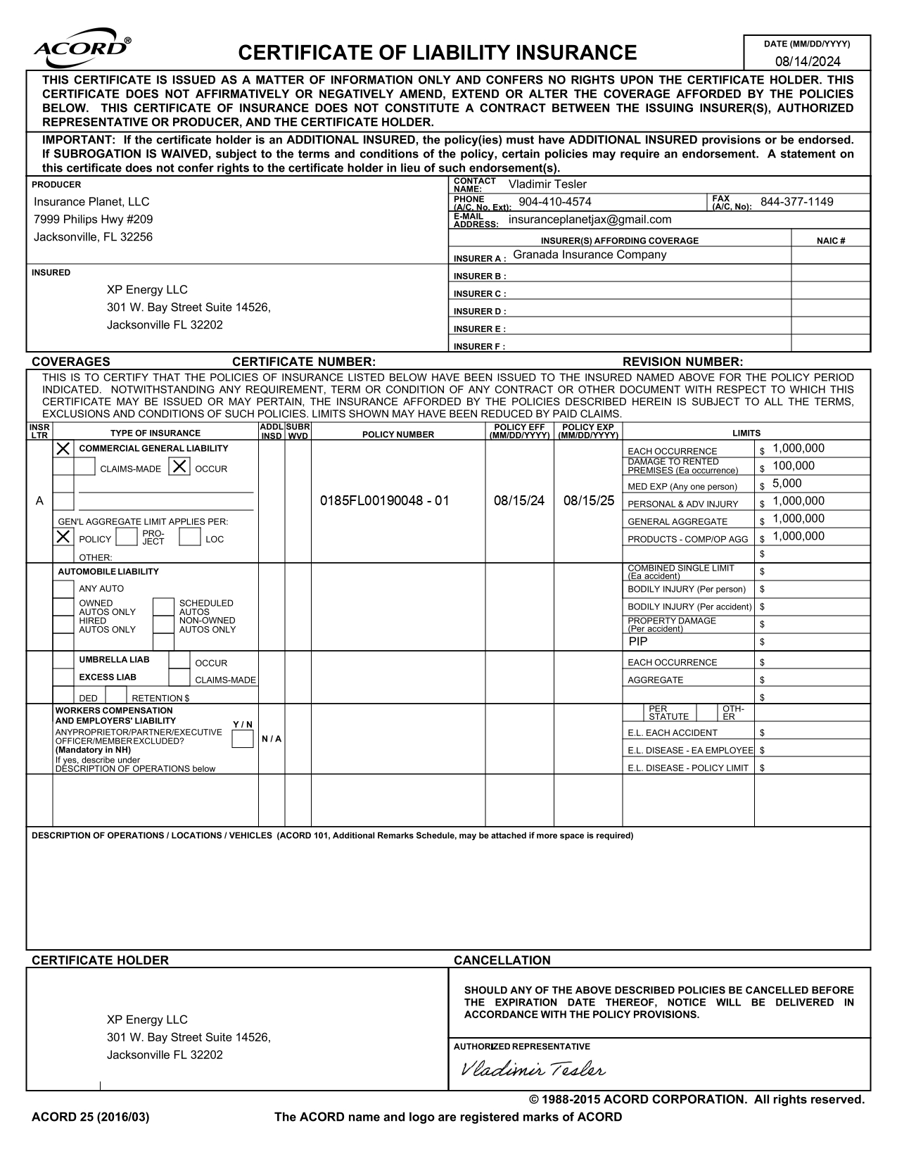 ACORD certificate of liability insurance