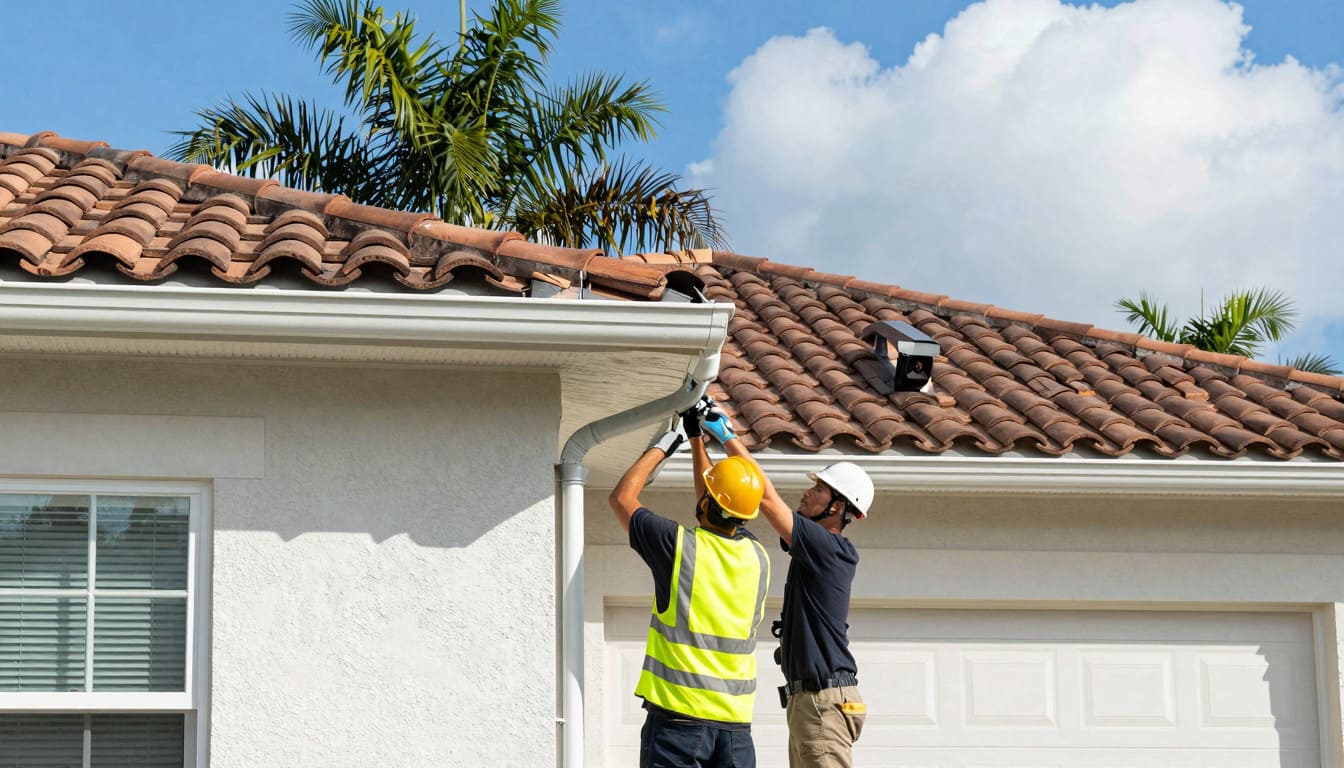 Contractor installing seamless aluminum rain channels