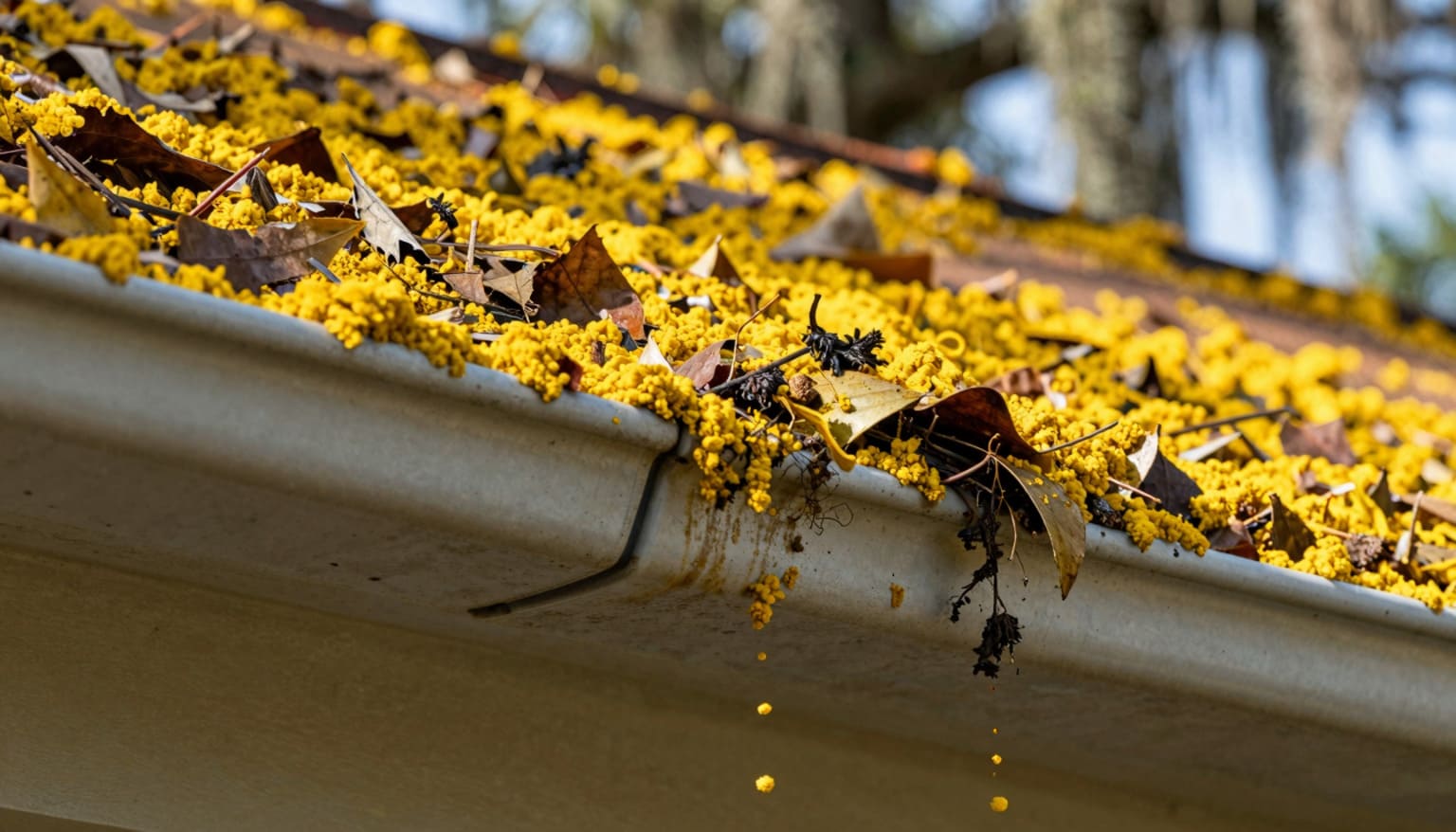 Clogged roof drainage channel full of debris