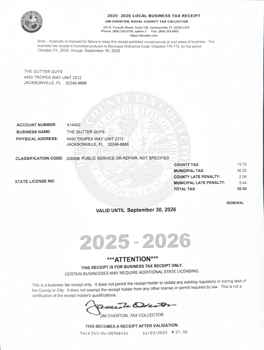 The Gutter Guys 2025-2026 Local Business Tax Receipt