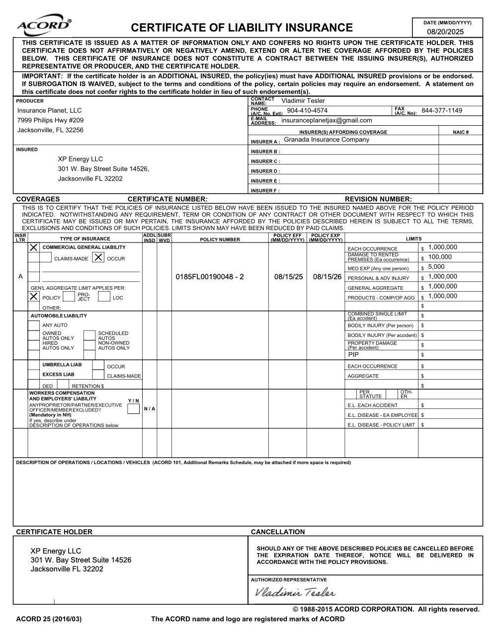 ACORD certificate of liability insurance