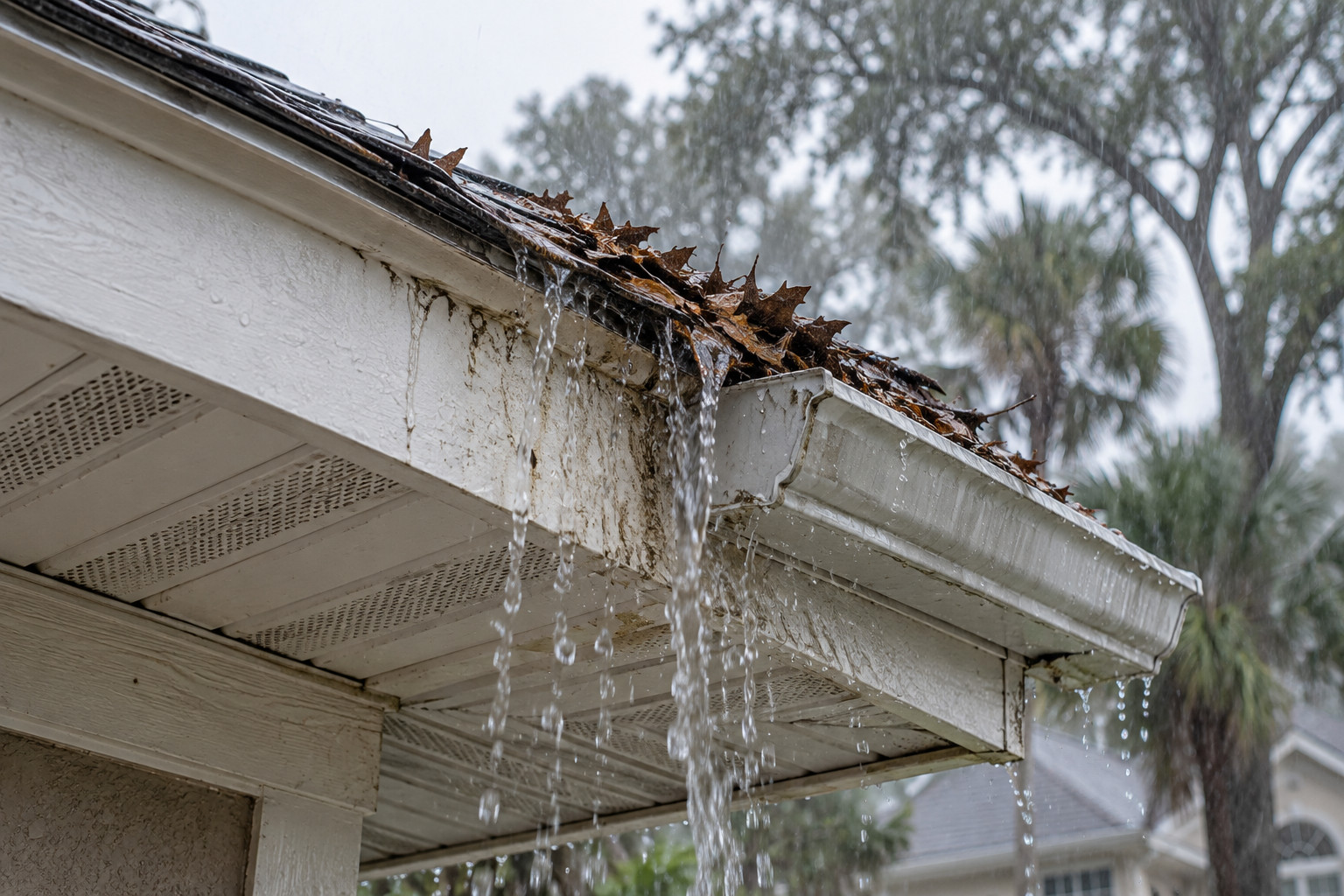 JRainwater overflowing a debris-clogged gutter and running down a stained fascia board on a Florida house