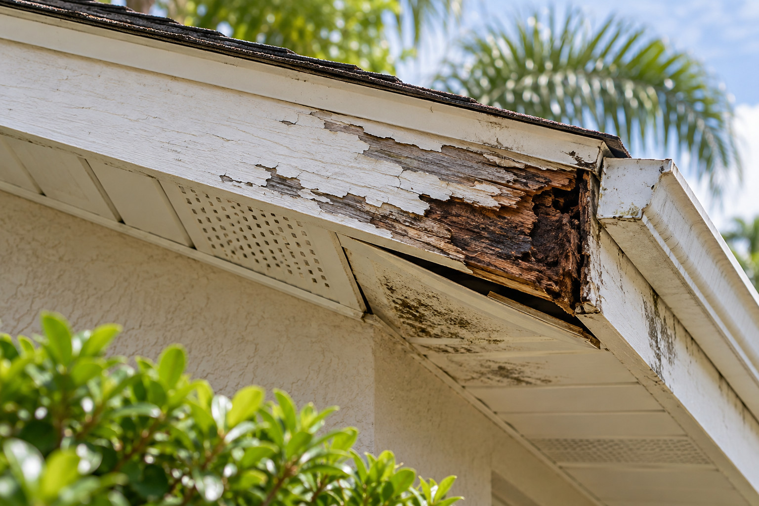 Peeling white fascia exposing rotted wood beside a dislodged, moisture-stained soffit panel