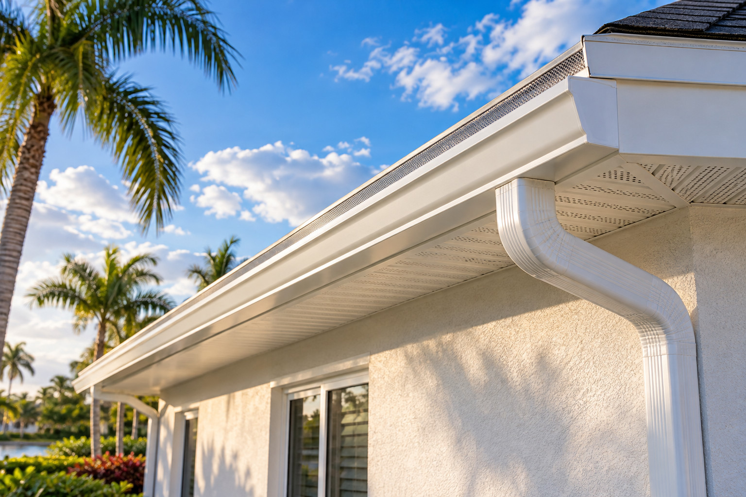 Clean white fascia and ventilated soffit beneath a protected gutter and downspout on a sunny Florida home